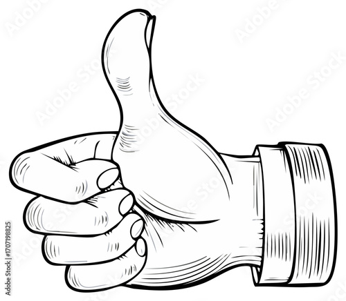 Vintage Etching of Hand Gesture Thumb Up Symbol Approval Encouragement Success Illustration