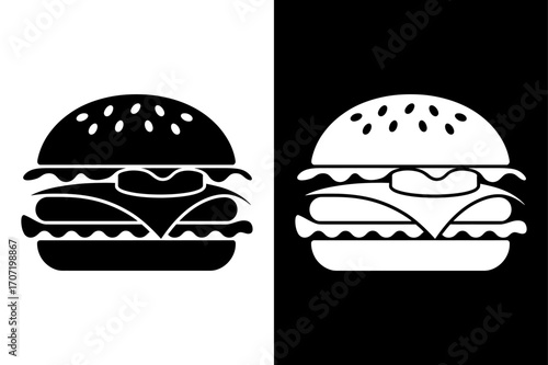 Black and White Burger Silhouette Icon. Flat Vector Illustration