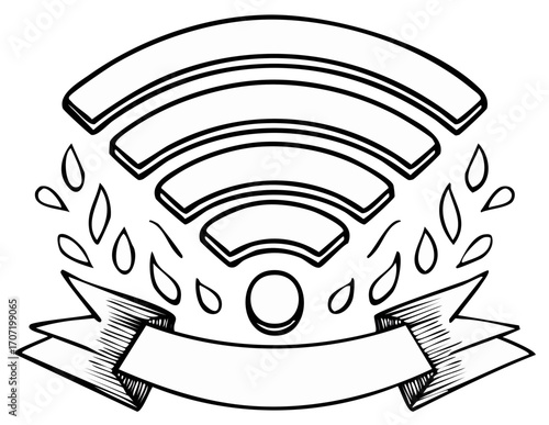 Black and white Wi-Fi signal logo with leaves and a banner, sketch style graphic element