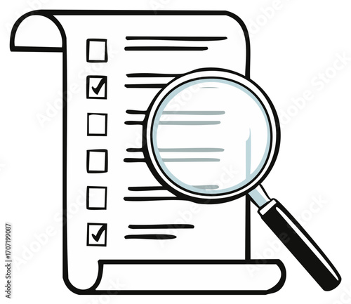 Checklist with check marks and empty boxes being inspected with a magnifying glass for accuracy and completion