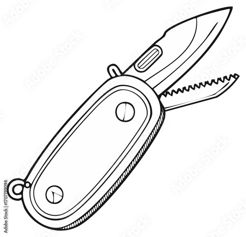 Open pocket knife illustration, blade and saw blade extended, close up