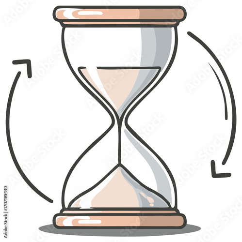 Illustrated hourglass with sand flowing and arrows depicting time passing and continuous cycle