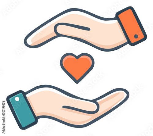 Two caring hands reaching towards a red heart symbol representing love and support