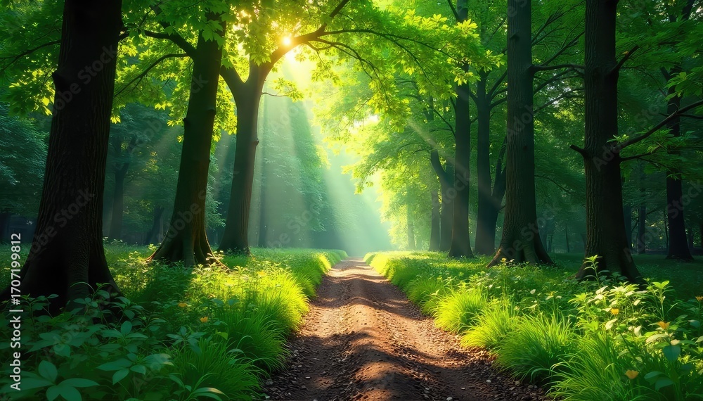 Obraz premium Sun-dappled forest path, lush green canopy overhead, sunlight filtering through leaves, creating a magical atmosphere Perfect for nature, travel, and environmental themes , summer, wild