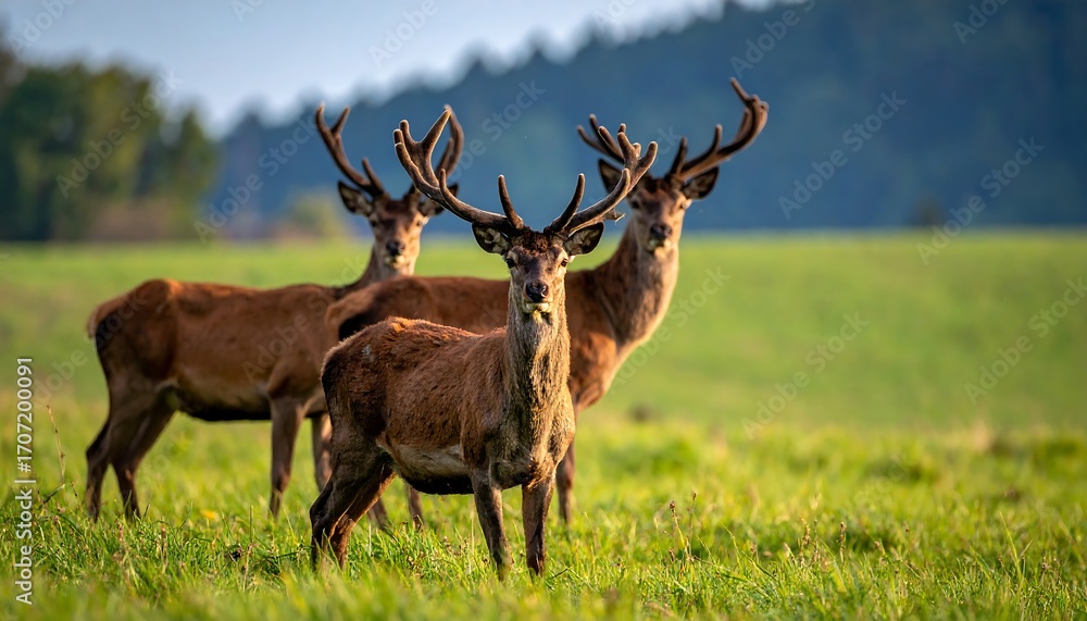 Fototapeta premium Three red deer in a grassy field at dawn