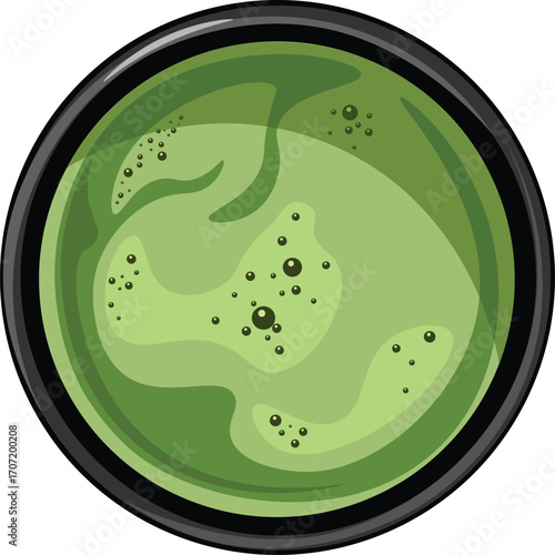 Matcha green tea latte in black cups isolated on white background. Top view. Realistic vector illustration.
