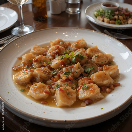 Plato de lentejas beluga estofadas servido en la mesa y listo para comer