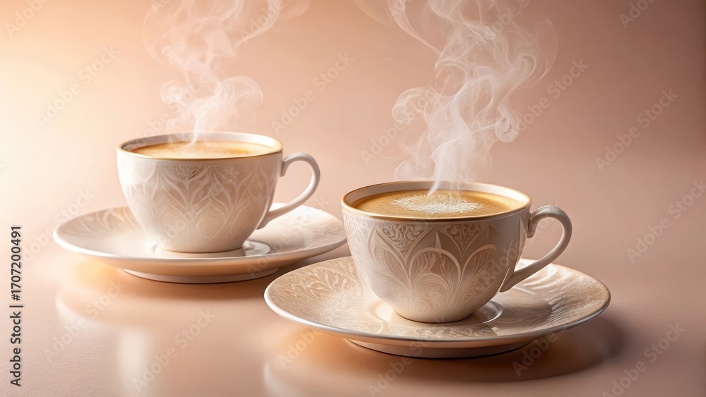 Fototapeta premium Two Elegant Cups of Aromatic Coffee with Steam Rising on a Subtle Background