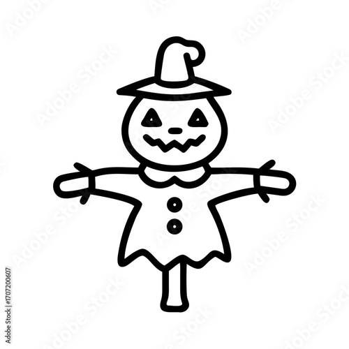 Cute scarecrow with pumpkin head, kawaii style, kids Halloween coloring book, white background