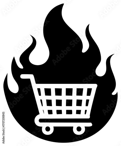 Shopping cart in flames representing special offers and hot deals