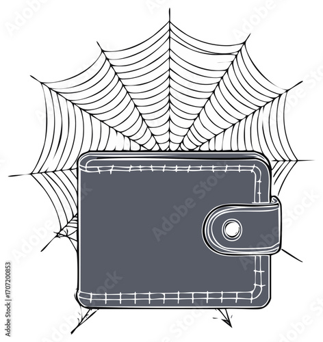Wallet ensnared in a prominent spiderweb illustration representing financial risk or entrapment