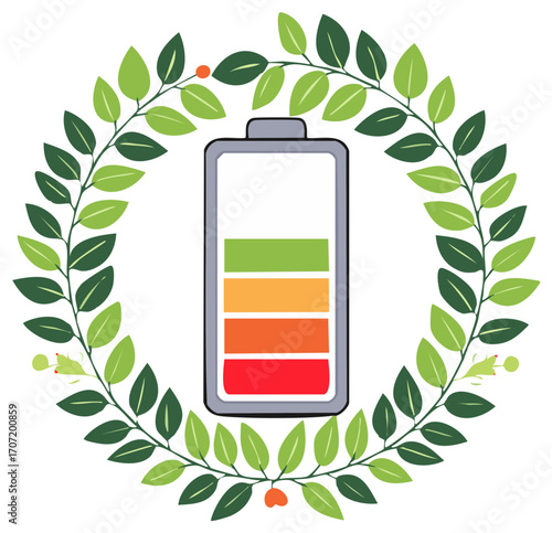 Green energy battery icon surrounded by natural leaf wreath power level indicator for environmental sustainability