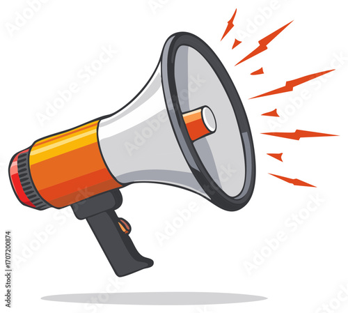 Vibrant Cartoon Megaphone Blasting Loud Sound Waves, Symbolizing Public Announcement and Alert