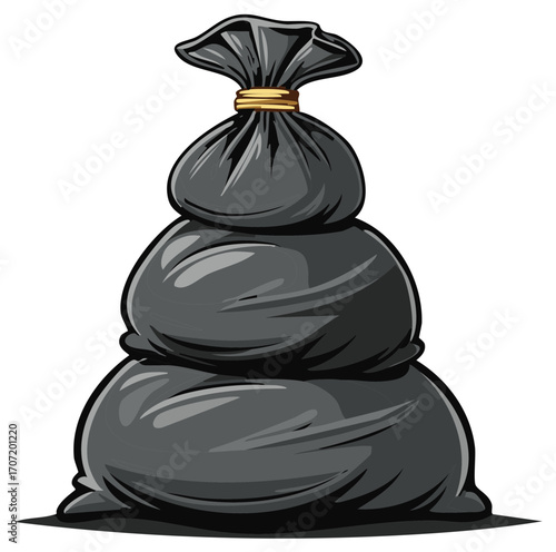 Vector illustration of a stack of full black plastic garbage bags