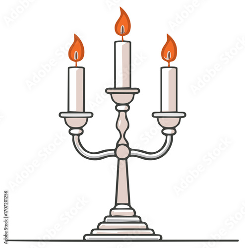Elegant three arm candelabra with burning wax candles vector illustration