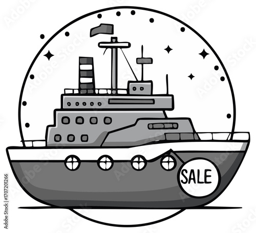 Cartoon cruise ship sale illustration with circle frame, nautical theme, travel vacation promotion
