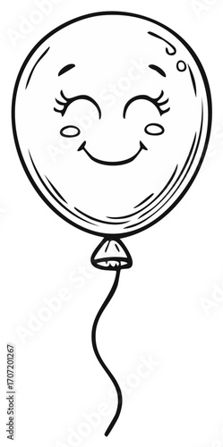 Joyful cartoon balloon with closed eyes and a wide smile, floating with a string