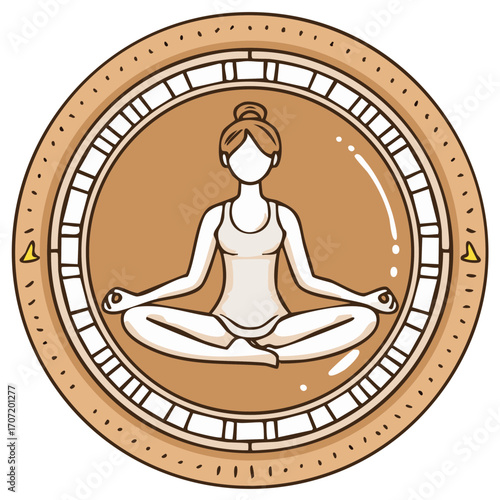 Person meditating in lotus pose inside a circular frame with clock markings and decorative elements