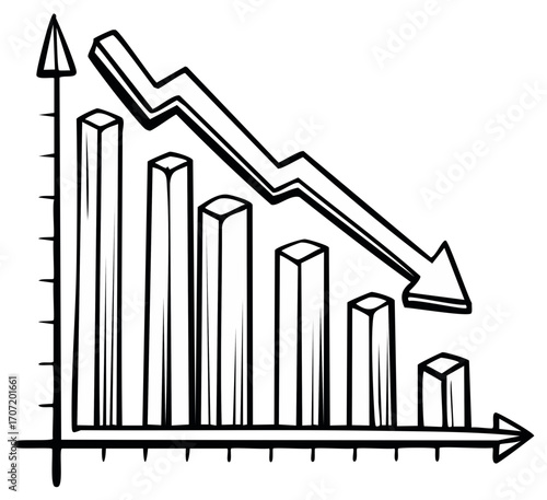 Falling Bar Chart Showing Decline with Downward Arrow, Financial Loss Indicator