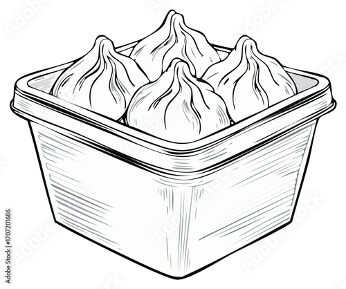 Line art illustration of four dumplings in a food container.