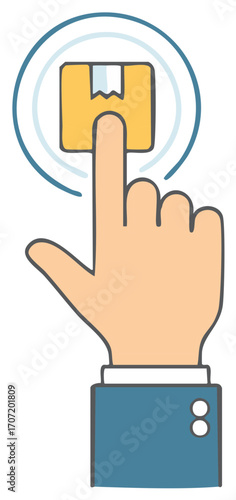 Ordering and Delivery with Cartoon Hand Tapping Box Icon in Circle for Fast Service