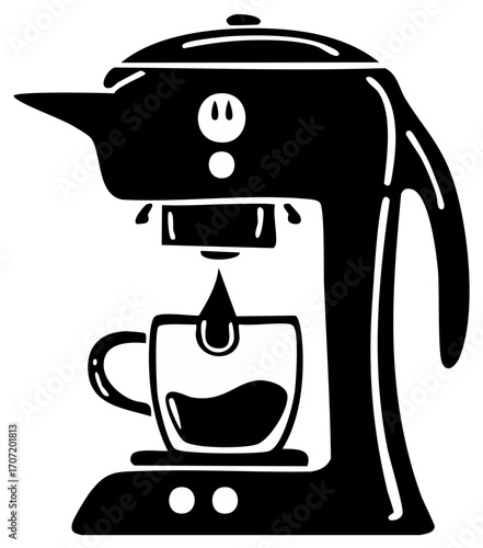 Minimalist black and white coffee maker brewing hot beverage into a glass cup illustration