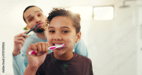 Foto Child, father and brushing teeth with portrait in bathroom for fresh breath, oral hygiene and bonding