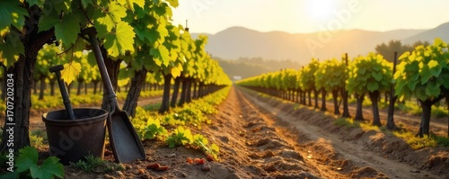 Sun-drenched antique vineyard tools rest amongst aged vines, evoking a sense of history and winemaking tradition Rows of gnarled vines stretch towards a hazy horizon , sunlight, tradition