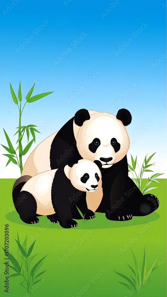 Obraz premium Panda mother and cub in a grassy field
