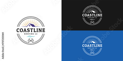 A vintage-style logo for a roofing company, featuring a stylized house silhouette under thin sun rays and a wave, all within a circular emblem with the words "COASTLINE ROOFING LC" and crossed hammers