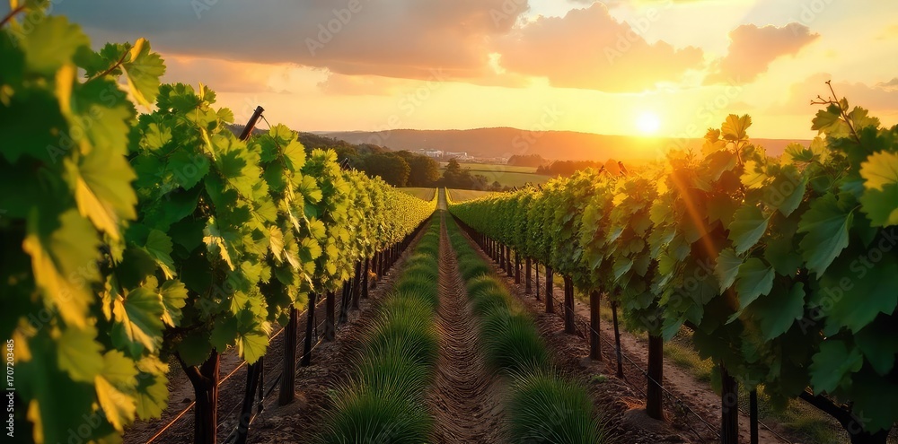 Naklejka premium Sun-drenched rows of grapevines stretching to the horizon, lush green leaves and ripe bunches of grapes ready for harvest A picturesque vineyard scene at golden hour , winemaking, fall