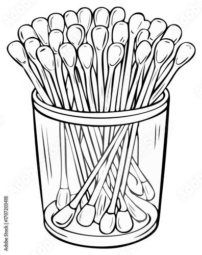 Outline illustration of cotton swabs in glass container for hygiene and healthcare needs