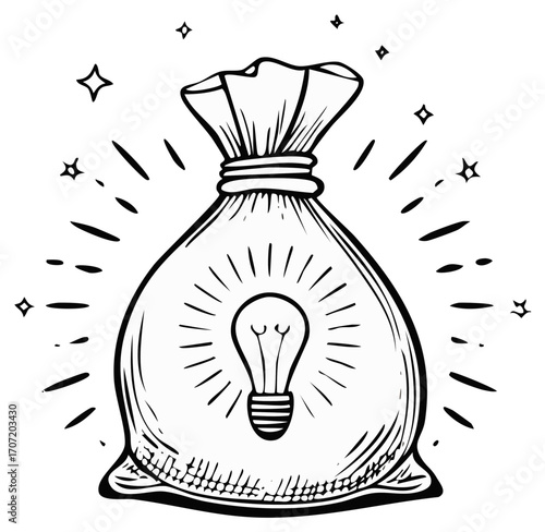 Bag of Money with a Glowing Light Bulb Symbolizing Financial Ideas and Innovation