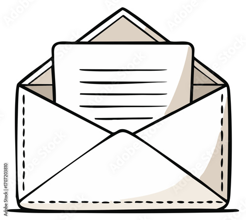 Hand drawn doodle illustration of an open mail envelope with a letter message