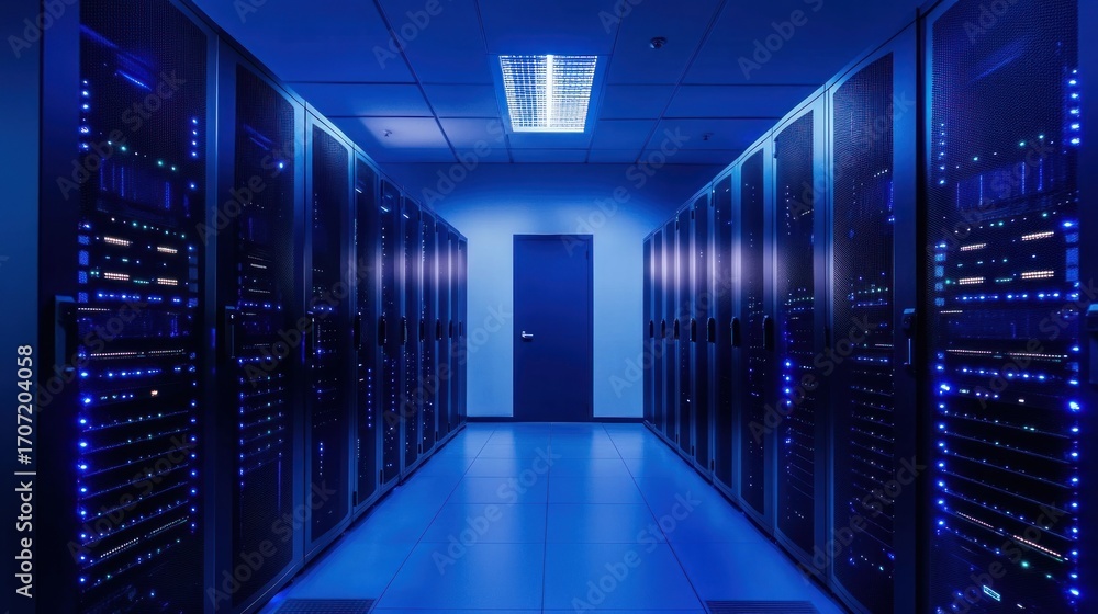 Fototapeta premium Dark server room lit by blue light. Rows of metal server cabinets line a long corridor. A door is visible in the distance