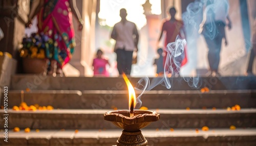 Diwali Lamp Illuminating Steps with People in Background.