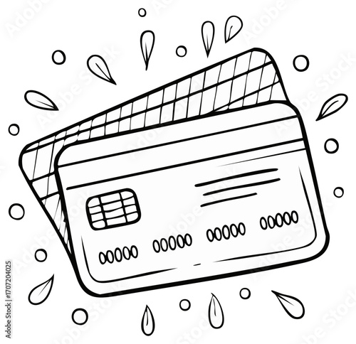 Sketch style credit cards with debit card, black outlines for finance, banking, and shopping payment systems
