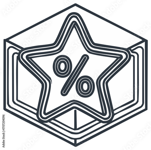 Star shaped Percent symbol on geometric cube outline, sales discount icon illustration