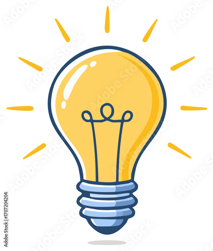 Illuminated Idea Cartoon Light Bulb with Rays, Vector Illustration