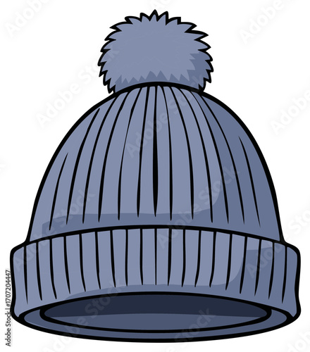 Illustrated blue knitted winter hat with a fluffy pompom, isolated on white.
