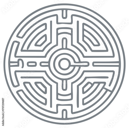 Circular maze illustration with winding pathways and a central focus point in grey