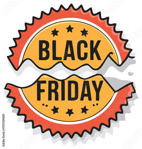 Torn Black Friday Badge Featuring Stars Orange Yellow and Red Color Scheme