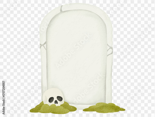 Watercolor halloween tombstone with moss and skull creepy graveyard Vector.