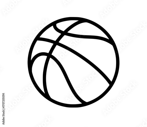 Simple black outline illustration of a basketball with curved seam lines
