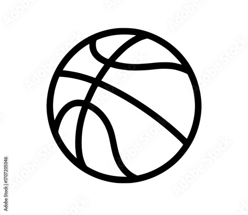Simple black outline illustration of a basketball with curved seam lines