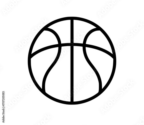 Simple black outline illustration of a basketball with curved seam lines