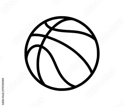 Simple black outline illustration of a basketball with curved seam lines
