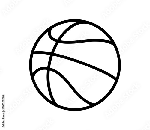 Simple black outline illustration of a basketball with curved seam lines
