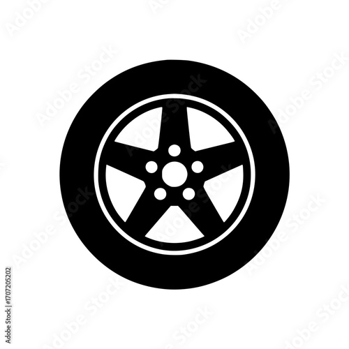 Black icon of a five spoke car wheel with central hub and lug nut holes