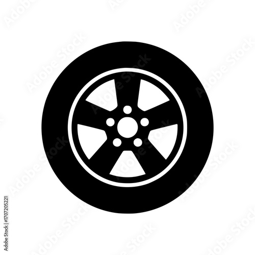 Black icon of a five spoke car wheel with central hub and lug nut holes